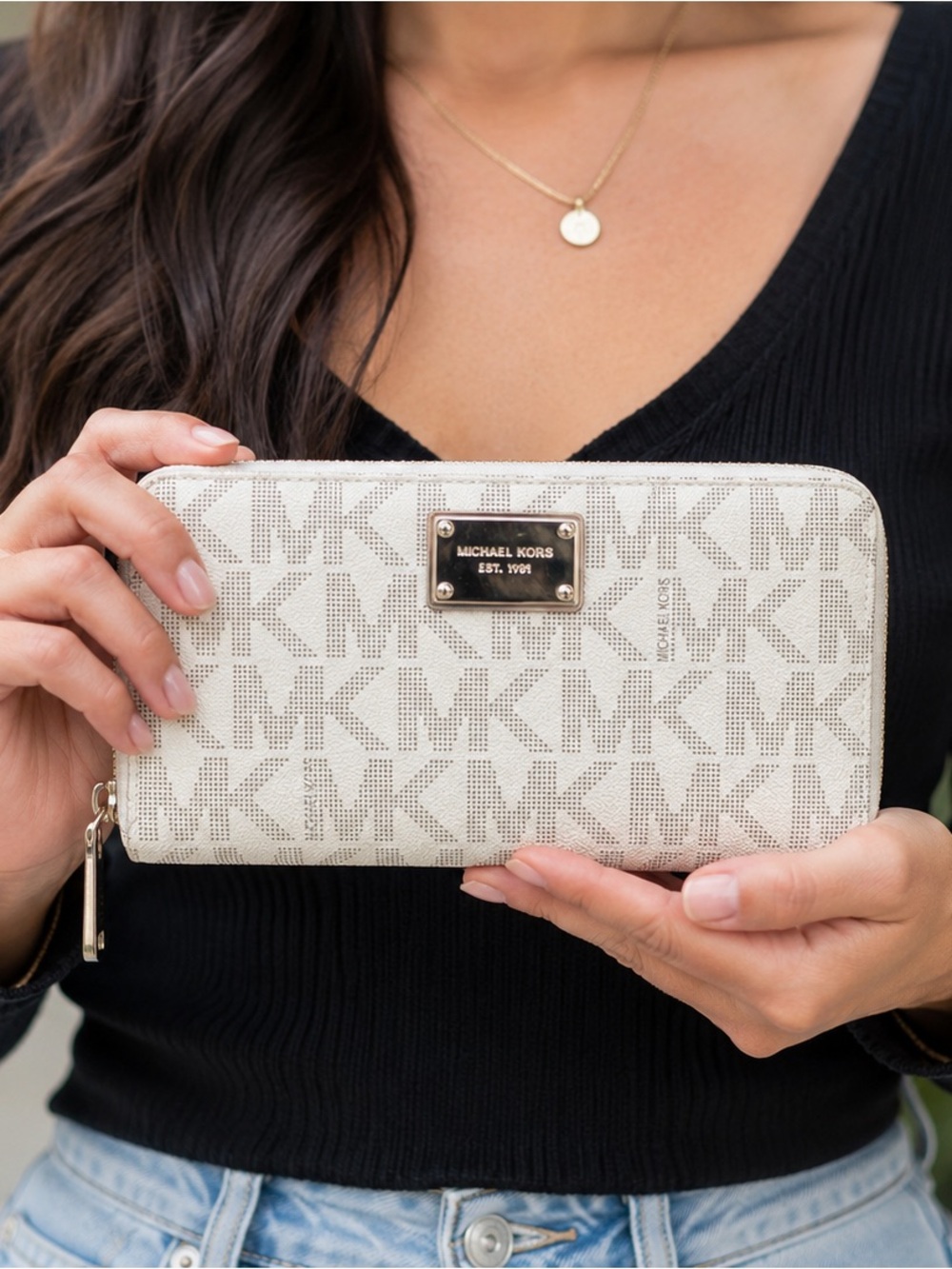 Michael Kors Cream Logo Zip Wallet with Gold Plaque